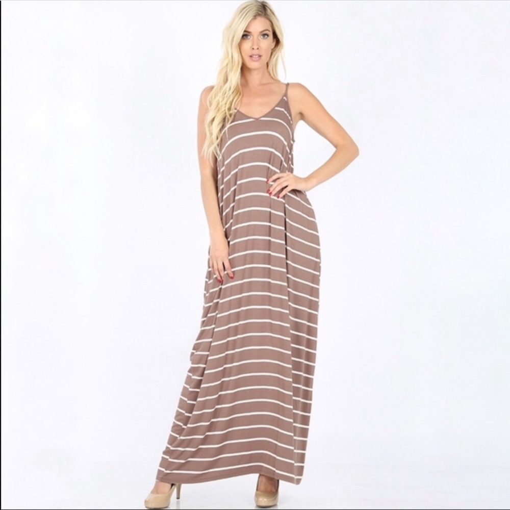 MAXI DRESS with pockets-Mocha & white STRIPES